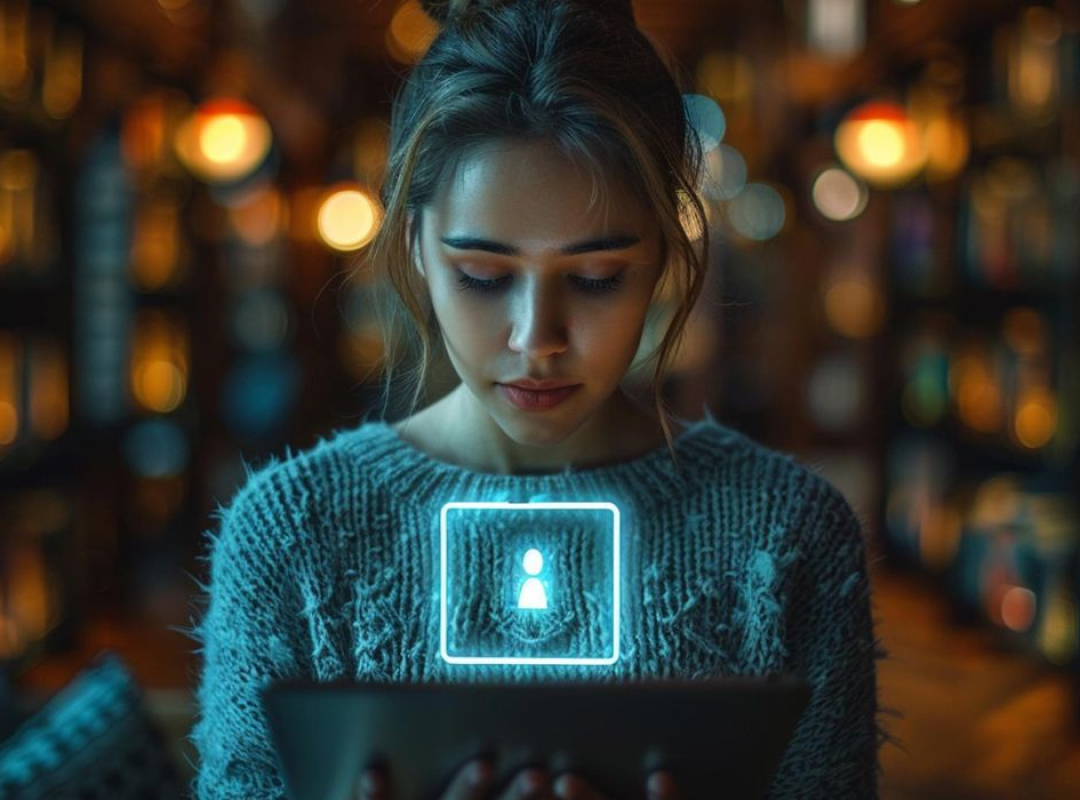 Young woman in a dimly lit library, focused on a tablet with a glowing privacy icon symbolizing personal security on social media.